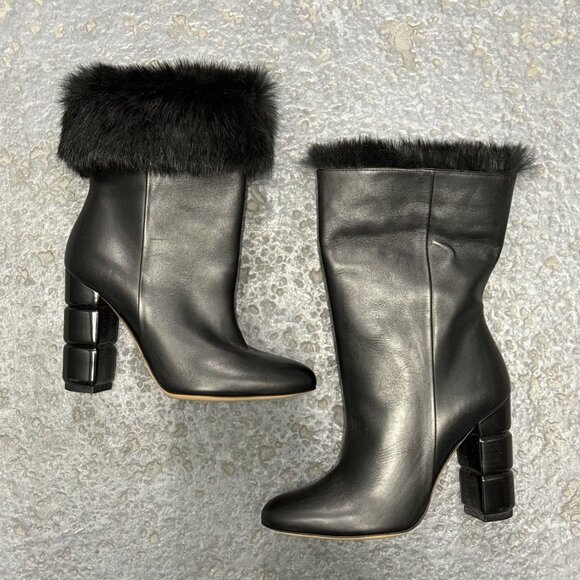 SALVATORE FERRAGAMO black leather rabbit fur trim stacked heel ankle boots